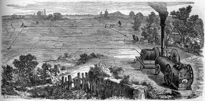 Landbouw: boeren die een stoommachine gebruiken voor hun teelt. Gravure in Le Monde Illustré nr. 131 van 15 oktober 1859. door French School
