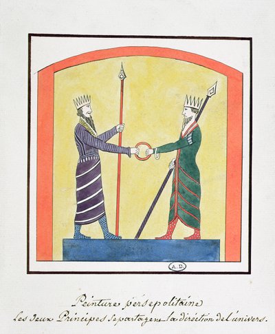 Ahura Mazda en Angra Mainyu betwisten de wereld, kopie van een fries uit Persepolis door French School