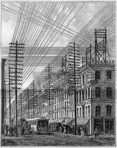 Lucht elektrische draden, in Philadelphia (Verenigde Staten), hoek van Chesnut street en Third street. Gravure in 