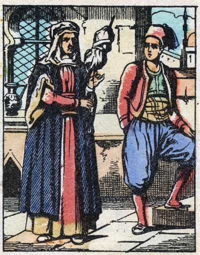 Aladin en zijn moeder leven van hun werk. Gravure van het verhaal van Duizend-en-een-nacht 