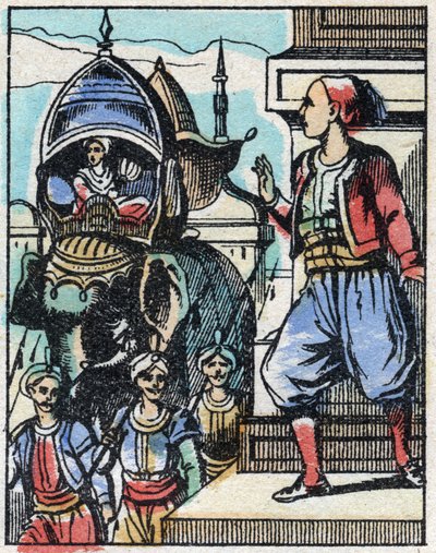 Aladin wordt verliefd op de dochter van de sultan. Gravure van het verhaal van Duizend-en-een-nacht 