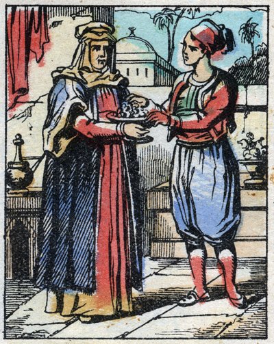 Aladin legt weelderige diamanten in een gouden beker en stuurt zijn moeder om ze aan de Sultan aan te bieden om zijn dochter ten huwelijk te vragen. Gravure van het verhaal Duizend-en-een-nacht "Aladin en de Wonderlamp". Epinal afbeelding, eind 19e eeuw. P door French School