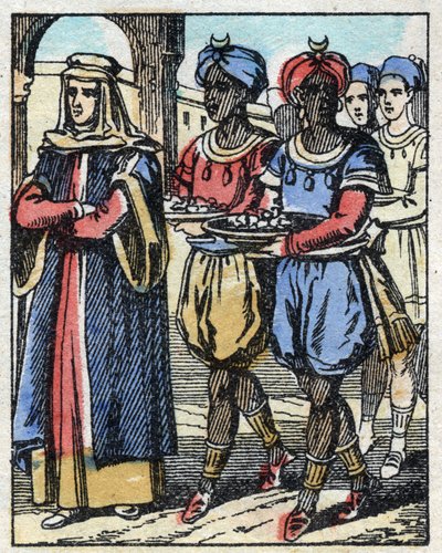 Aladin stuurde opnieuw zijn moeder, begeleid door slaven die geschenken dragen, om een huwelijksaanzoek te doen aan de dochter van de Sultan. Gravure van het verhaal Duizend-en-een-nacht 