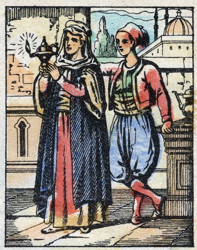 Aladin brengt de magische lamp naar zijn moeder. Gravure van het verhaal van Duizend-en-een-nacht 