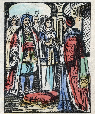 Aladins huwelijk met de dochter van de Sultan. Gravure van het verhaal Duizend-en-een-nacht "Aladin en de Wonderlamp". Epinal afbeelding, eind 19e eeuw. Privécollectie. door French School