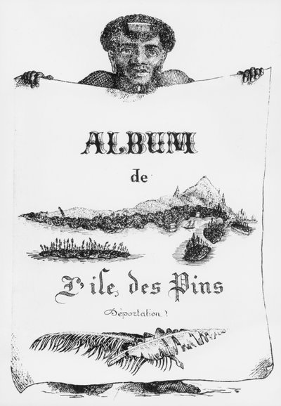 Album van het Isle of Pines, Nieuw-Caledonië, deportatie, vooromslag illustratie, 1877 door French School