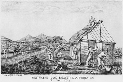 Album van het Isle of Pines, bouw van een strohut door de gedeporteerden, 1878-79 door French School