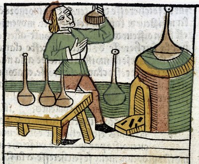 Alchemist - in "Les propriétaires des choses zowel lichamelijk als geestelijk" (boek XVIII) door Glanville, Lyon door French School