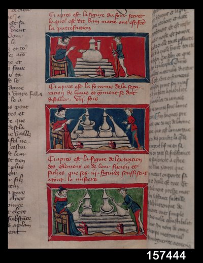 Alchemisten aan het werk, uit een manuscript over Alchemie door French School