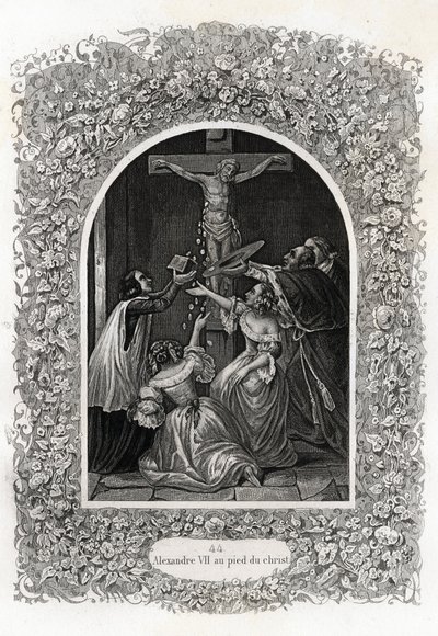 Alexander VII (Alexander of Alessandro) (Paus 1655 tot 1667) aan de voet van Christus. Gravure ter illustratie van Histoire des popes door Maurice Lachatre (1814-1900), librairie du progrès, Parijs door French School