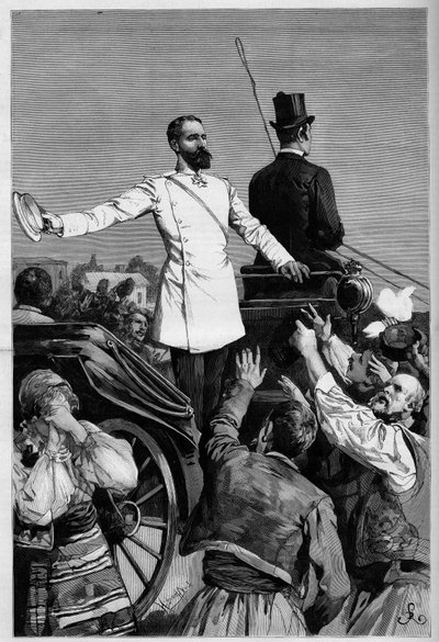 Alexander van Battenberg - Prins Alexander I na zijn abdicatie werd toegejuicht door het volk toen hij Sofia verliet. Gravure in 