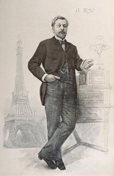 Alexandre Gustave Eiffel poseert bij zijn bureau met een tekening van de Eiffeltoren, illustratie uit La Revue Illustrée, 1888 door French School