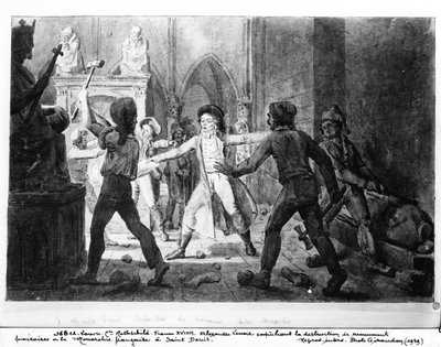 Alexandre Lenoir (1761-1839) verzet zich tegen de vernietiging van de koninklijke graven van de Franse monarchie in de kerk van Saint-Denis, 1793 door French School