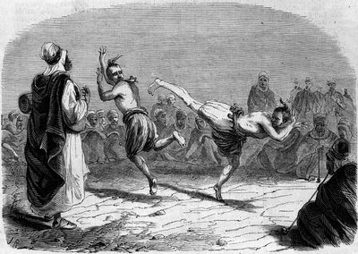 Algerijnse gewoonte: Arabische dans. Tekening door de heer Rigo, gebaseerd op een schets van de heer Ameler, bataljonsleider. Gravure in 