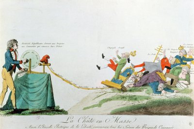 Allen vallen neer, de elektriciteit gegenereerd door de Verklaring van de Rechten van de Mens tijdens de Franse Revolutie keert de tronen en monarchen van Europa om, ca. 1793 door French School