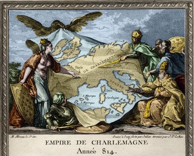 Allegorisch beeld dat het Rijk van Karel de Grote in 814 uitbeeldt - Gravure uit 