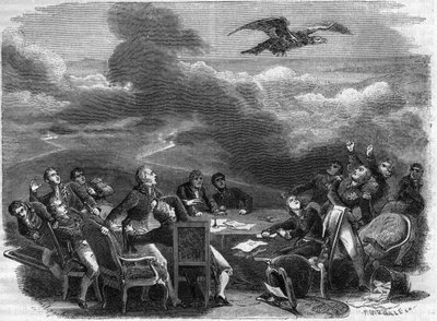Allegorie van het einde van het Congres van Wenen in 1815 - buitengewone opwinding van diplomaten die het ontschepen van Napoleon vernemen - in 