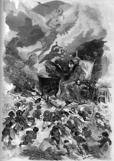 Allegorie van het plebisciet van Napoleon III in 1870. De plebisciet stembus wordt een pot waarin de volksstem suddert. Het vuur wordt gevoed door het dode hout van de oude boom van de Franse grondwet. Gravure door Edmond Morin in 