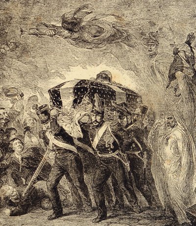 Allegorie van de terugkeer van de as van de Franse keizer Napoleon Bonaparte in 1840. 19e eeuw (gravure uit "Clours, mores, usages, costumes, inventions") door French School