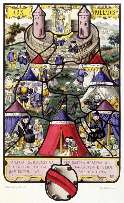 Allegorie van de universiteit. Facsimile van een glas-in-loodraam uit de Middeleeuwen in Histoire de la peinture sur verre door Ferdinand de Lasteyrie door French School