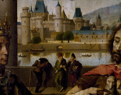 Altaarstuk van Parlement van Parijs, detail van Louvre en Seine door French School