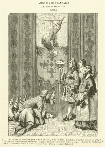Franse ambassade, aan het hof van de koning van Siam (gravure) door French School
