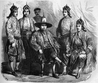 Ambassadeurs van Siam (Thailand) tijdens hun bezoek aan Parijs in 1858. Gravure in 