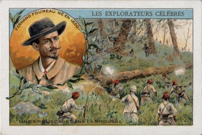 Hinderlaag in de Afrikaanse bush tijdens een expeditie door de Franse ontdekkingsreiziger Frenand Fourreau (1850 - 1914). Chromolithografie uit de 19e eeuw. door French School