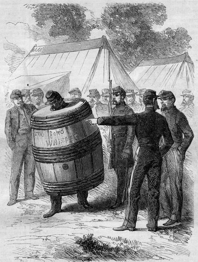 Amerikaanse Burgeroorlog (1861-1865): straf van een dronken soldaat van het Confederale leger. Hij draagt een doorboekt vat en loopt door het kamp onder de amusante blik van andere soldaten. Gravure in 