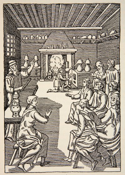 Een alchemieles in de 14e eeuw, kopie door Boris Mestchersky (d.1957) illustratie uit Histoire de la Nation Francaise, Sciences, Volumes I & II, door Gabriel Hanotaux (1853-1944), 1924 door French School