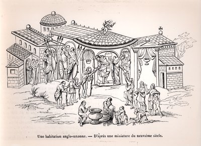 Een Angelsaksisch huis in Engeland voor de komst van de Normandiërs, naar een miniatuur uit de 9e eeuw door French School