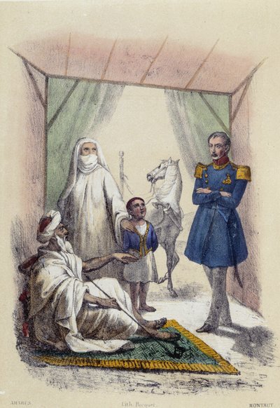 Een Arabische familie wordt bezocht door een soldaat; illustratie voor Arabische landen, in 