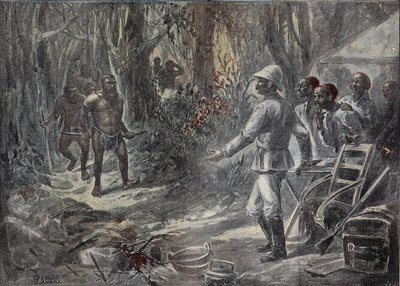 Een Engelse reiziger Lloyd ontdekt de Pygmeeën tijdens het verkennen van Afrika. Gravure in 