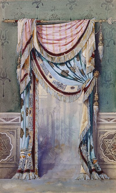 Een interieur met een gordijnontwerp, ca. 1880 door French School