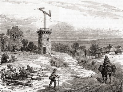 Een luchttelegraafpaal in de 18e eeuw, uit Les Merveilles de la Science, gepubliceerd ca. 1870 door French School