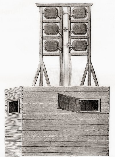Een luchttelegraafsysteem gebruikt in Engeland in de 18e eeuw, uit Les Merveilles de la Science, gepubliceerd ca. 1870 door French School