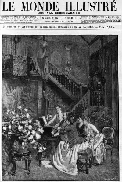 Een middag rond een partituur in een Parijse salon. Gravure in 