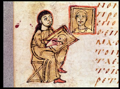 Een kunstenaar kopieert een schilderij, uit Sacra Parallela door St. Johannes Damascenus (gest.ca.754) door French School