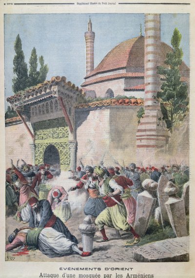 Een aanval op een moskee door Armeniërs, illustratie uit Le Petit Journal 1895 door French School