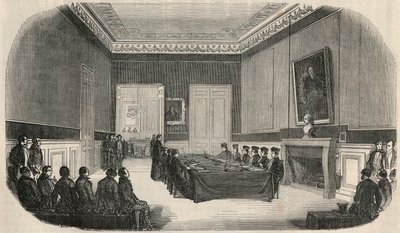 Een examen in de bestuurskamer van de rechtenfaculteit in Parijs - Gravure in 