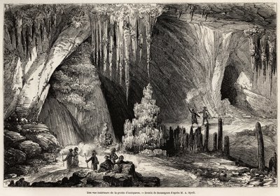 Een interne weergave van de grot van Antiparos, eiland van de Cycladen, tekening door Emile Rouargue (circa 1895-1865), ter illustratie van het bezoek aan de grot van Antiparos, in 1859, door E.A.Spoll. Gravure in 