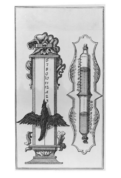 Een oude waterklok, illustratie uit een kopergravure door French School