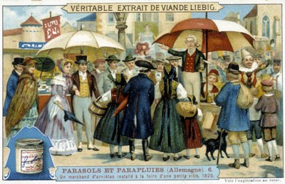 Een orvietan handelaar (charlatan) geïnstalleerd op de kermis van een klein stadje in Duitsland - Reclamelabel Liébig, ca. 1900 door French School