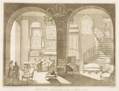 Een stoffeerderswinkel, uit de Encyclopedie des Sciences et Metiers door Denis Diderot (1713-84) gepubliceerd ca. 1770 door French School