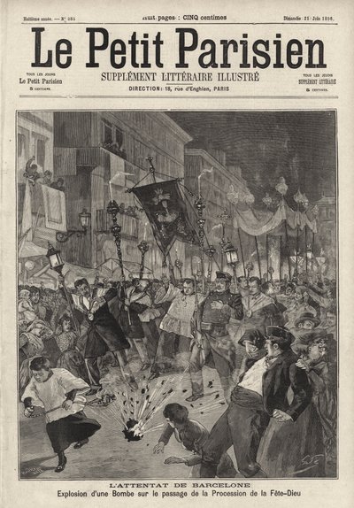 Anarchistische bomaanslag op de Corpus Christi processie die de Kerk van Santa Maria verlaat, Barcelona, Spanje door French School