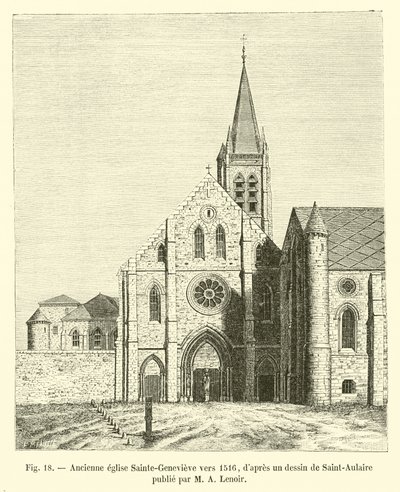 Oude kerk Sainte-Genevieve rond 1516, naar een tekening van Saint-Aulaire gepubliceerd door M A Lenoir door French School