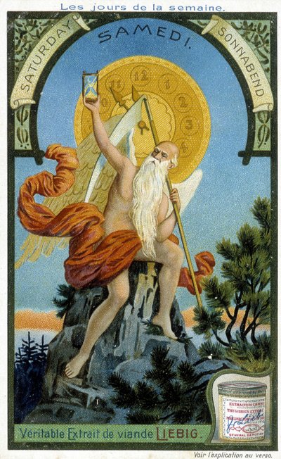 Oude godheid met een zandloper als symbool van het verstrijken van de tijd om zaterdag te illustreren. Liebig Chromolithografische Reclamekaart door French School