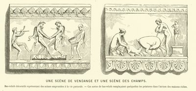 Oude Romeinse bas-reliëfs die een druivenoogst en een scène op de velden uitbeelden door French School