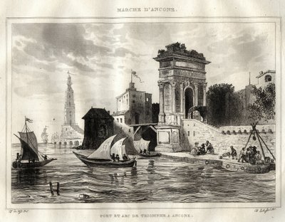 Ancona - Ancona - Italië - De Boog van Trajanus, oud Romeins werk toegeschreven aan Apollodoro - De Boog bevindt zich in Ancona - Gravure uit 