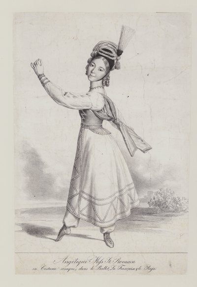 Angelique St Romain Mees in Kozakkenkostuum voor het ballet La Francaise et le Raja door French School